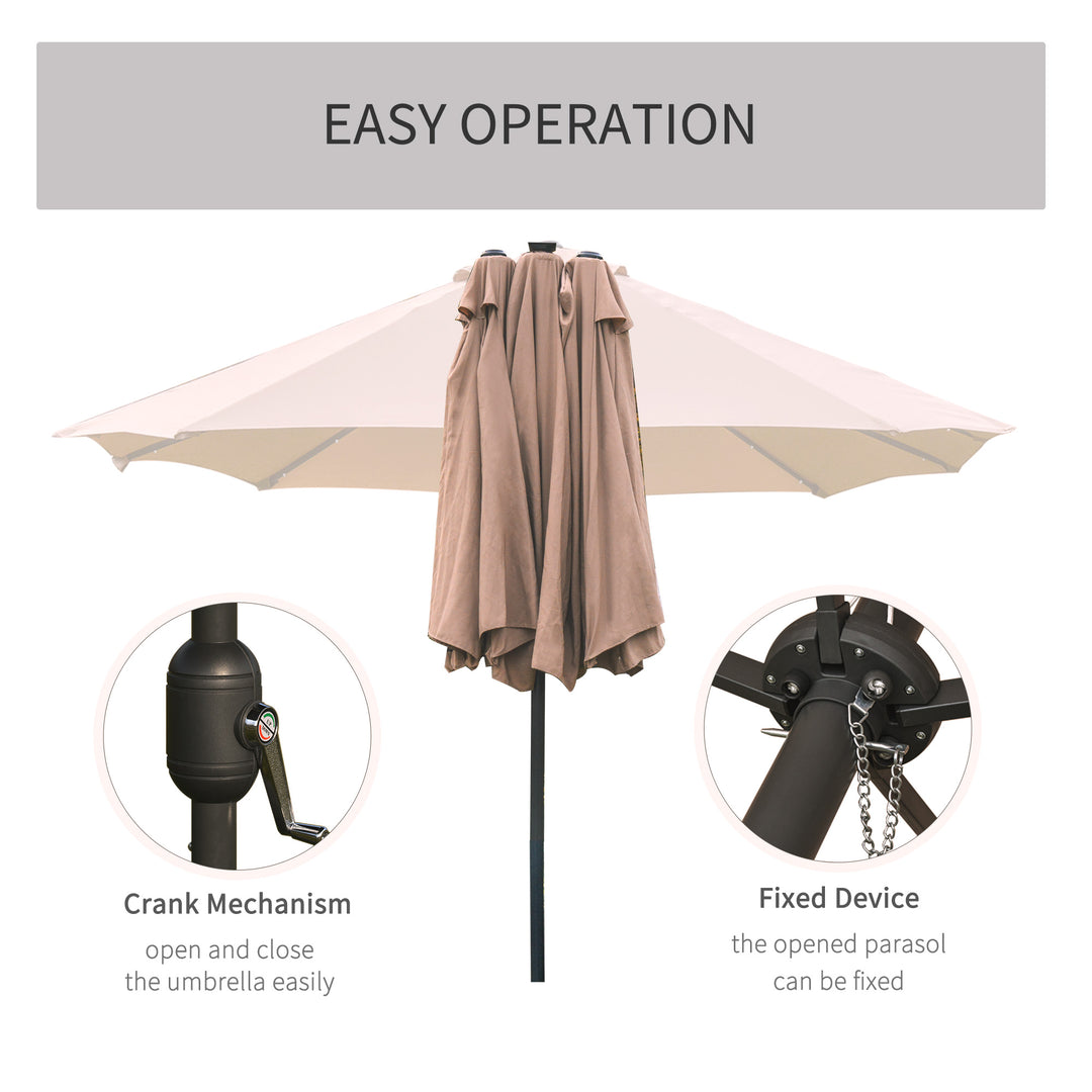 Outsunny Garden Parasol 4.4m Double-Sided Sun Umbrella Patio Sun Shade Outdoor with LED Solar Light , Khaki