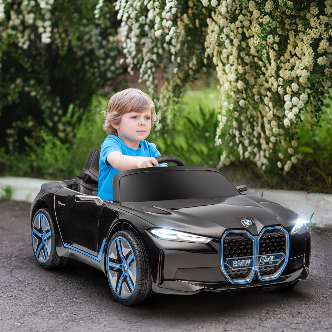 BMW i4 Licensed 12V Kids Electric Ride on Car with Remote Control, Powered Electric Car with Portable Battery, Music, Horn, Headlights, MP3 Slot, Suspension Wheels, for Ages 3-6 Years - Black