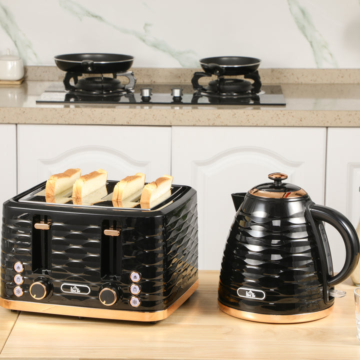 Kettle and Toaster Sets, 1600W 1.7L Rapid Boil Kettle & 4 Slice Toaster w/7 Browning Controls Defrost Reheat Crumb Tray Otter thermostat Black