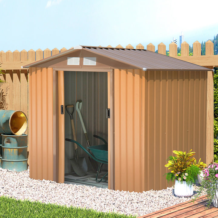 Outsunny 7 x 4 ft Lockable Garden Shed Large Patio Roofed Tool Metal Storage Building Foundation Sheds Box Outdoor Furniture, Yellow