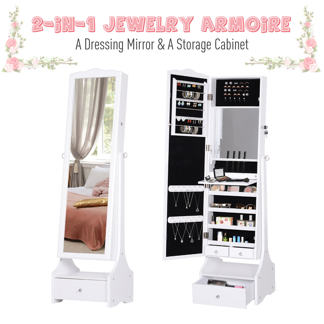 Jewellery Cabinet with led, mirror Cabinet Armoire Floor Standing Flip-over Makeup Shelf Organizer with lock white