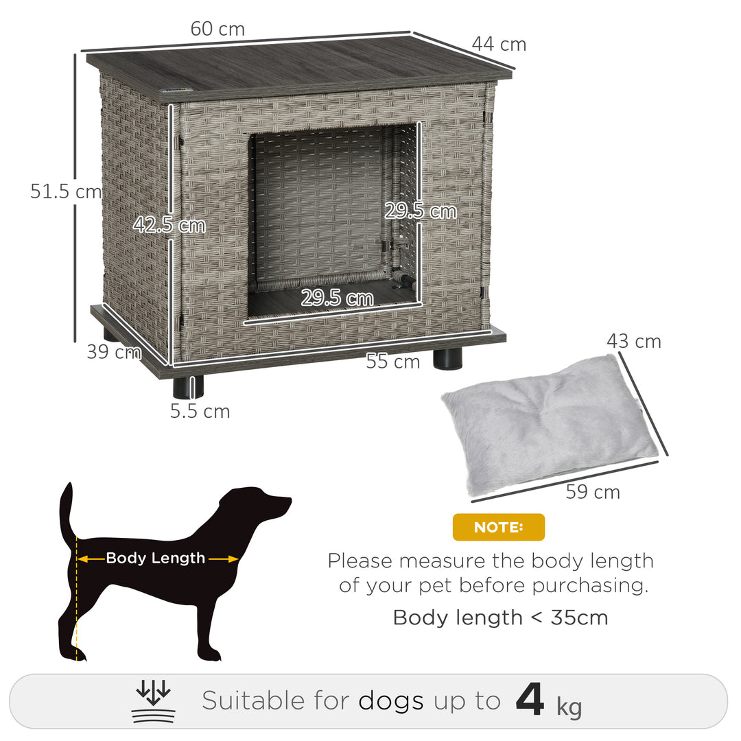 Wicker Dog House Rattan Pet Bed End Table Furniture with Soft Cushion for X-Small Dogs - Grey