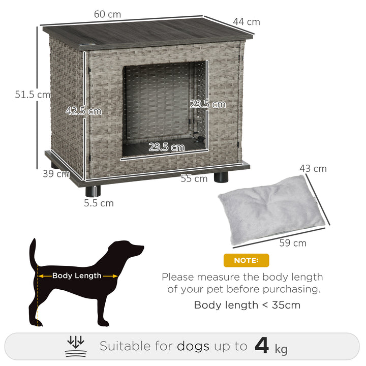 Wicker Dog House Rattan Pet Bed End Table Furniture with Soft Cushion for X-Small Dogs - Grey