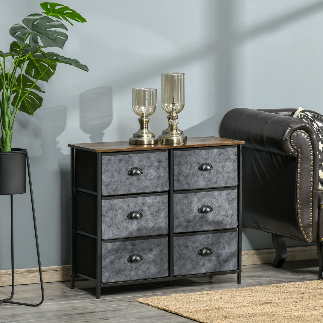 HOMCOM Chest of Drawer Fabric Dresser Storage Cabinet for Bedroom Night Stand with 6 Drawers Steel Frame Handles - Grey and Black