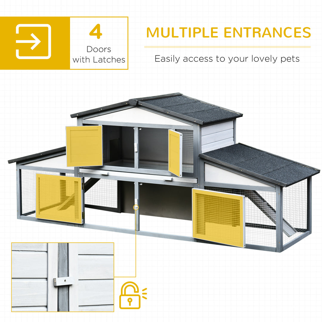 PawHut Large Rabbit Hutch with Run, Outdoor Bunny Cage with Tray, Ramp, Wooden Guinea Pig House, Grey