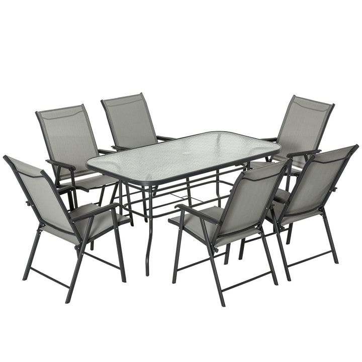 Garden Patio Outdoor 7pcs Classic Outdoor Steel Frames Dining Set w/ 6 Folding Chairs, Glass Top Table, Texteline Seats,Black &amp; Grey Cushion