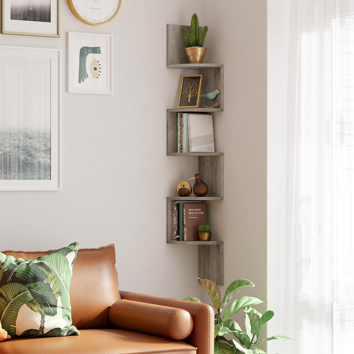 Greige Wall-Mounted Wooden Corner Bookshelf
