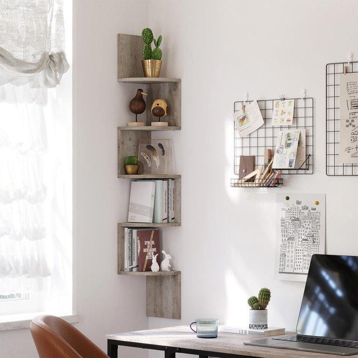 Greige Wall-Mounted Wooden Corner Bookshelf