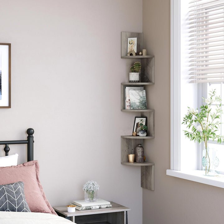 Greige Wall-Mounted Wooden Corner Bookshelf
