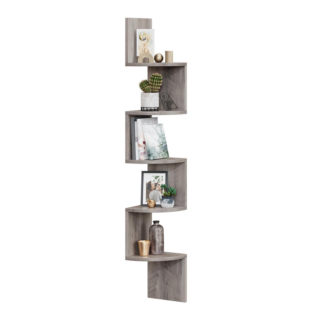 Greige Wall-Mounted Wooden Corner Bookshelf