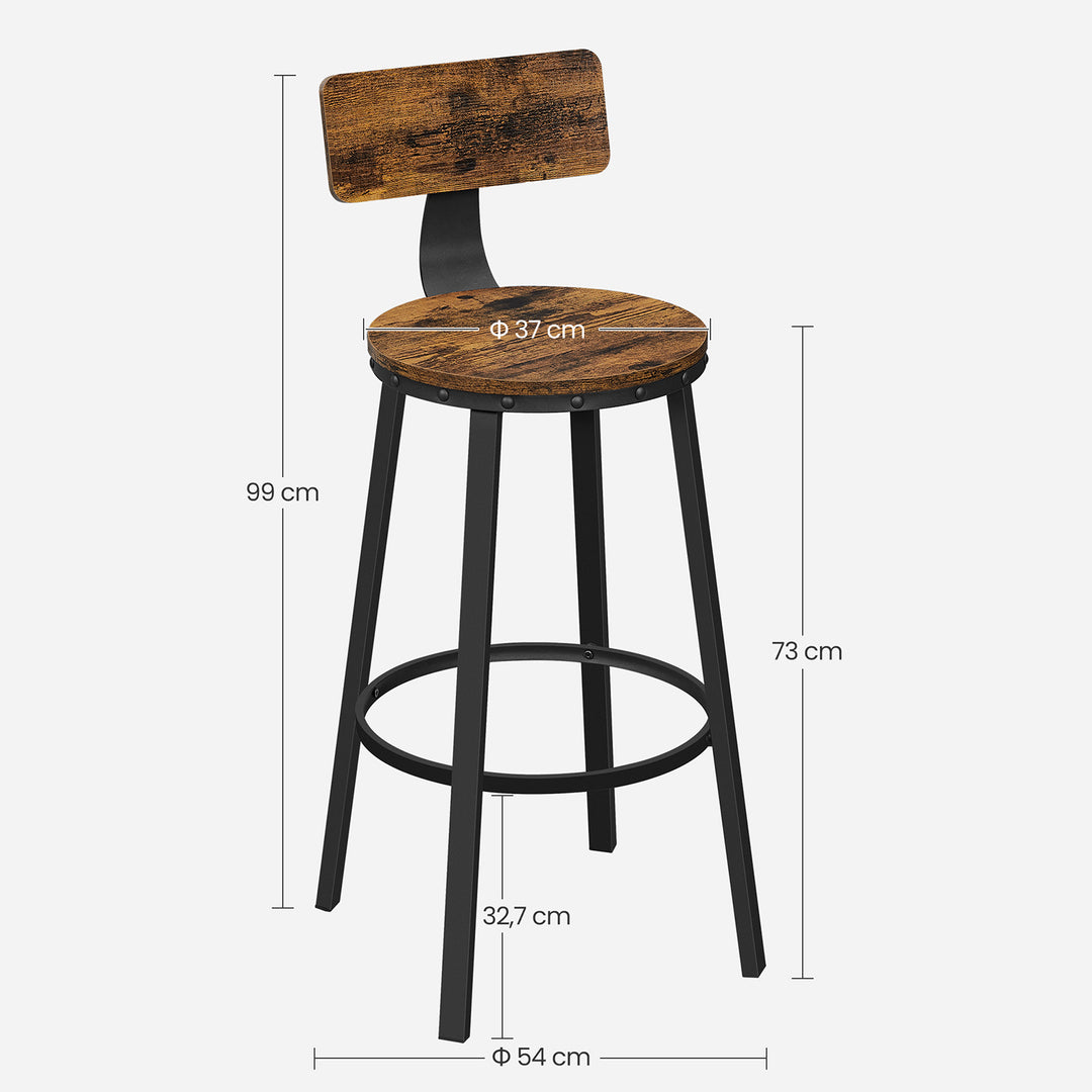 Set of 2 Industrial Brown Bar Stools with Backrests