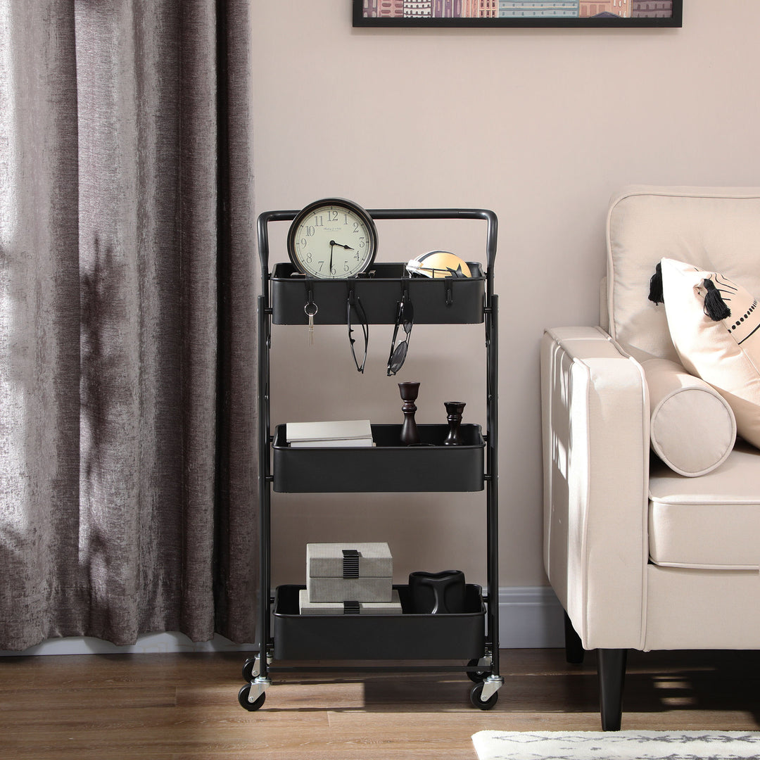 3 Tier Storage Trolley Cart, Foldable Rolling Utility Cart with 3 Mesh Baskets, 4 Removable Hooks for Living Room, Laundry and Kitchen, Black