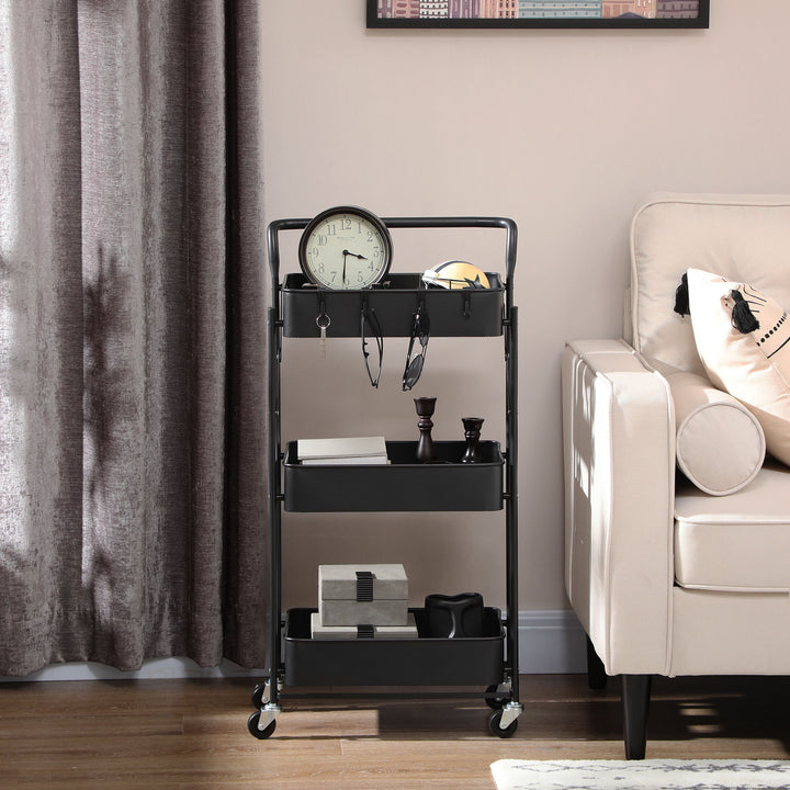 3 Tier Storage Trolley Cart, Foldable Rolling Utility Cart with 3 Mesh Baskets, 4 Removable Hooks for Living Room, Laundry and Kitchen, Black