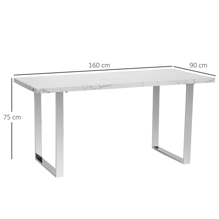 Modern Dining Room Table Rectangular Kitchen Table for 6-8 People with Marble Effect Tabletop Steel Legs 155 cm White