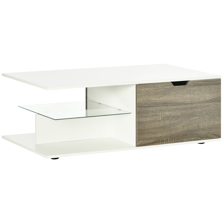 Coffee Table, Modern Tea Table with Tempered Glass Shelves, and Two Drawers, Coffee Tables for Living Room, Bed Room, White