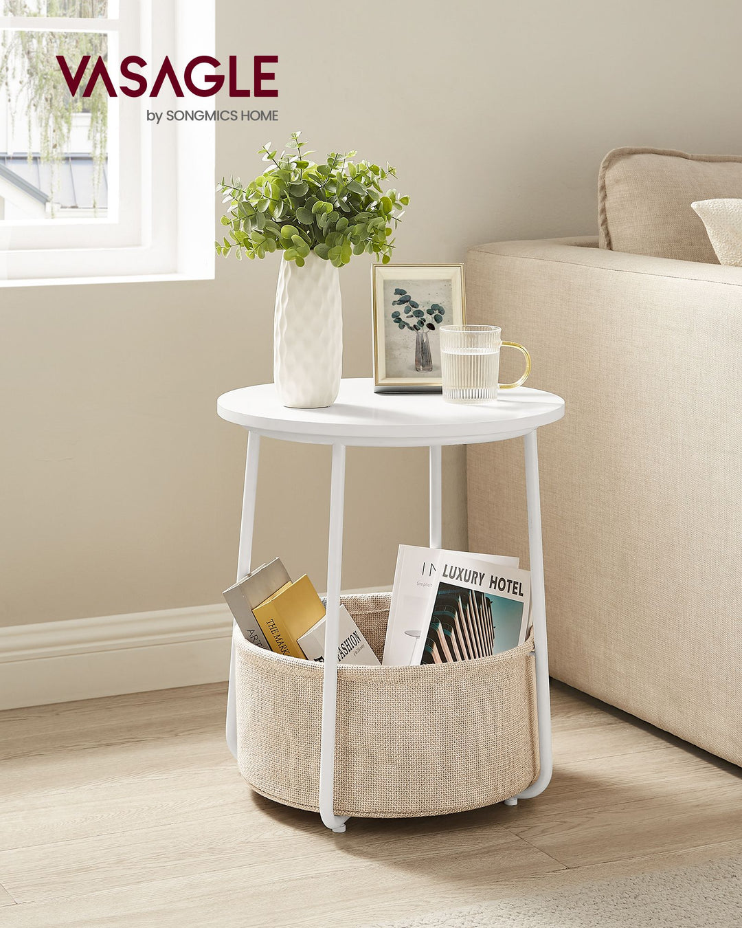 Round Side Table with Fabric Basket