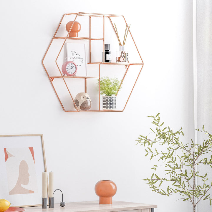 Rose Gold Hexagonal Metal Wall-Mounted Shelves