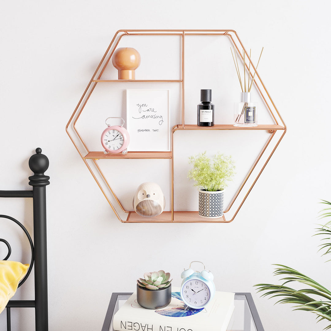 Rose Gold Hexagonal Metal Wall-Mounted Shelves
