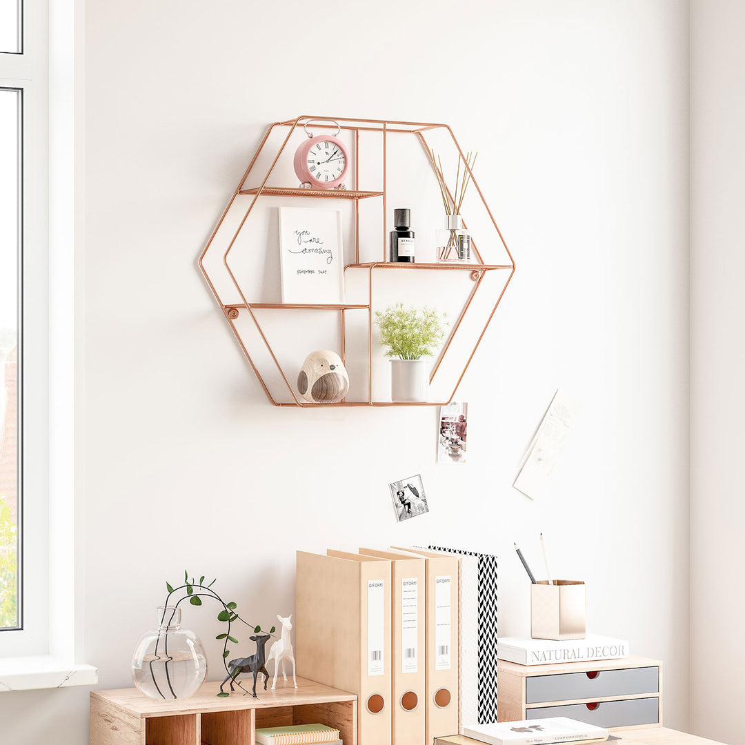 Rose Gold Hexagonal Metal Wall-Mounted Shelves