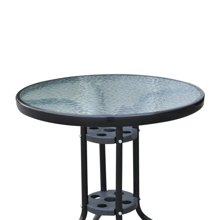 60×70H cm Round Metal Table, Garden Table Tempered Glass-Black