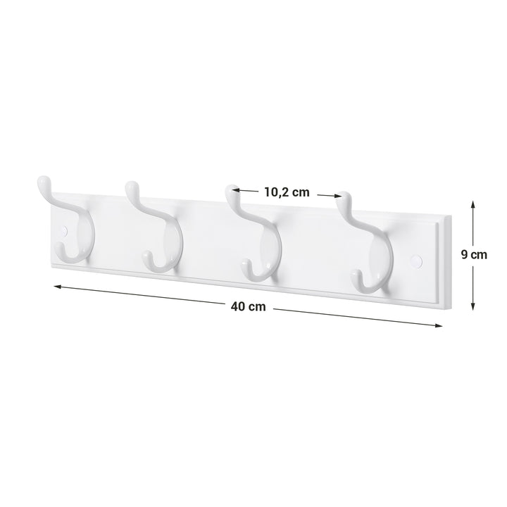 White Wall-Mounted Coat Rack with 4 Metal Hooks