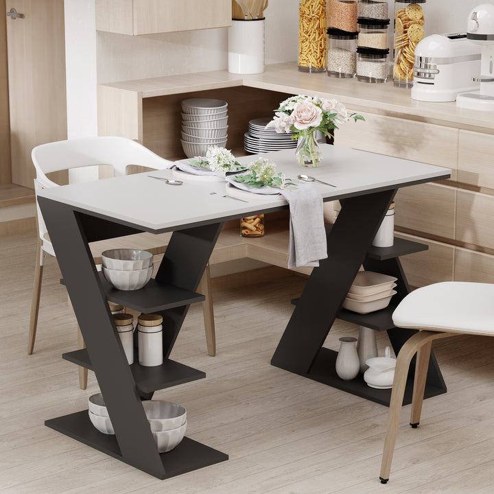 Modern Dining Table for 2 People, Kitchen Table with Storage Shelves for Dining Room, Living Room, White and Black