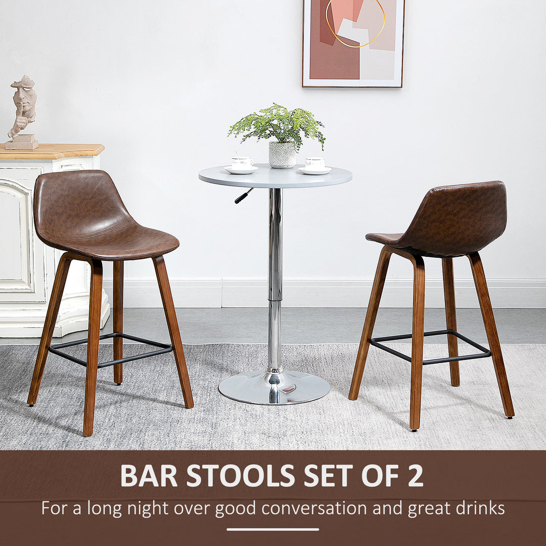 Bar Stools Set of 2, Breakfast Bar Chairs, Tall Kitchen Stools PU Leather with Backrests and Wood Legs, Brown