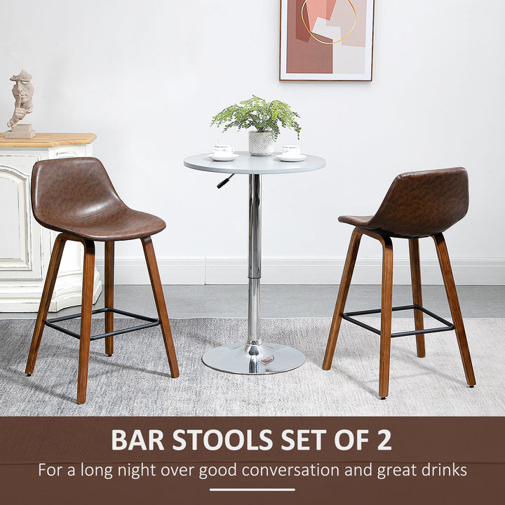 Bar Stools Set of 2, Breakfast Bar Chairs, Tall Kitchen Stools PU Leather with Backrests and Wood Legs, Brown
