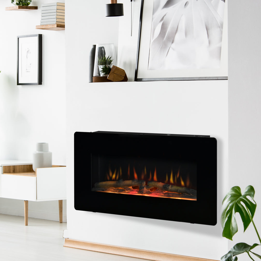 Electric Wall-Mounted Fireplace Heater with Adjustable Flame Effect, Remote Control, Timer, 1800/2000W, Black