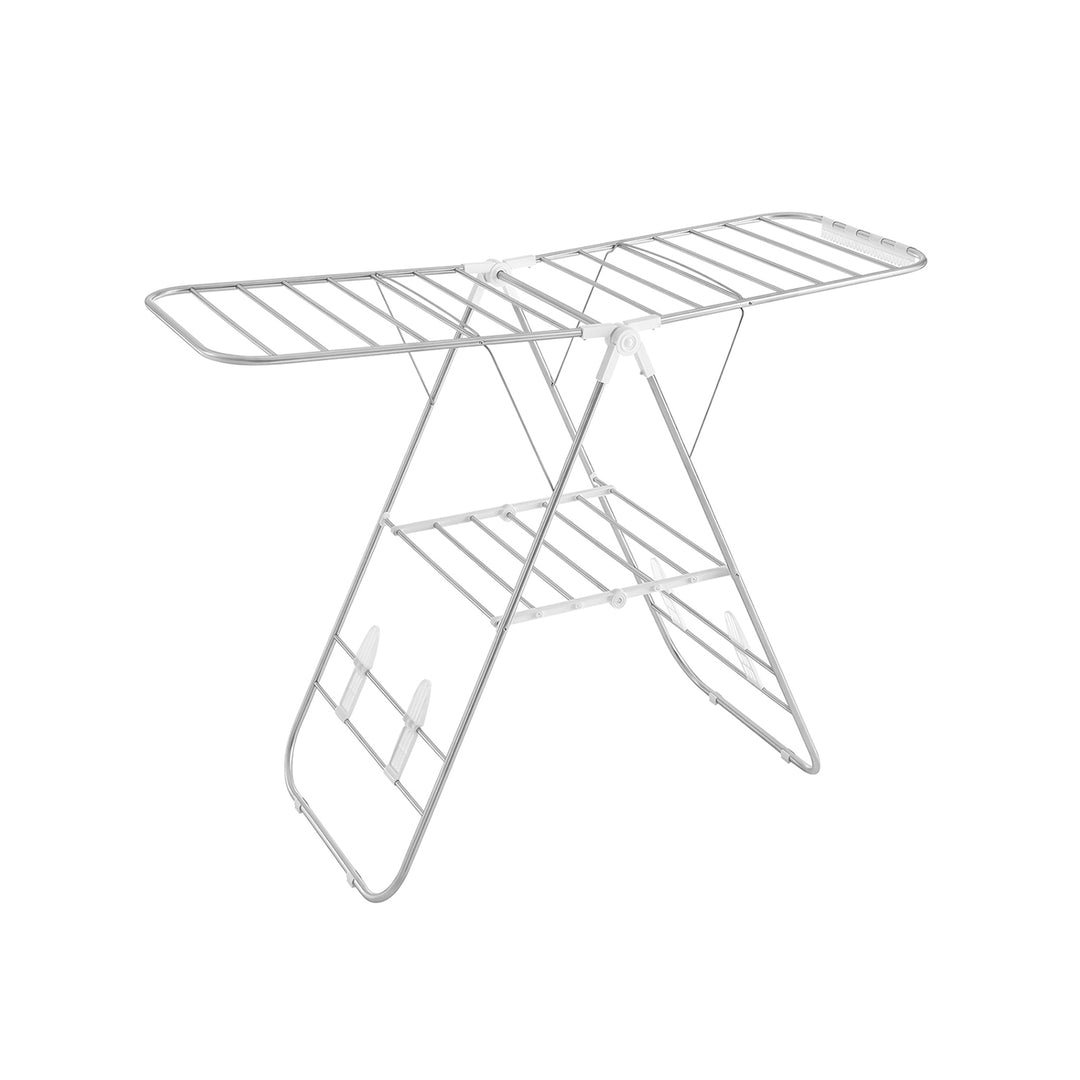 Clothes Drying Rack, Height-Adjustable Wings, Free-Standing, White and Silver