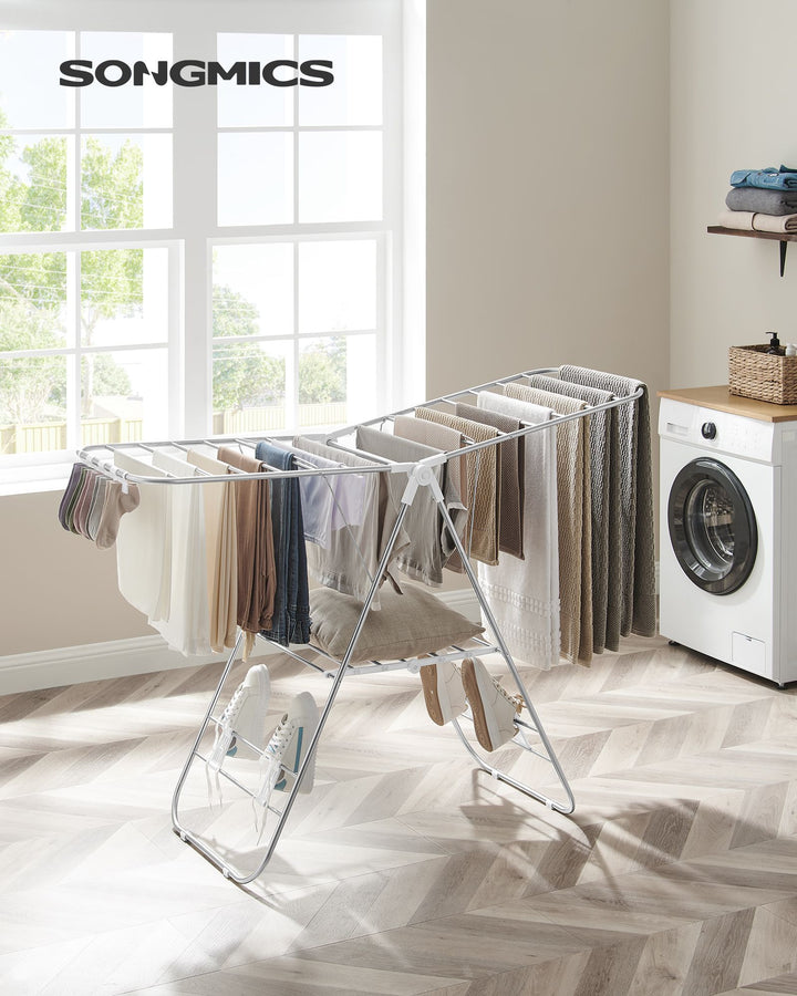 Clothes Drying Rack, Height-Adjustable Wings, Free-Standing, White and Silver