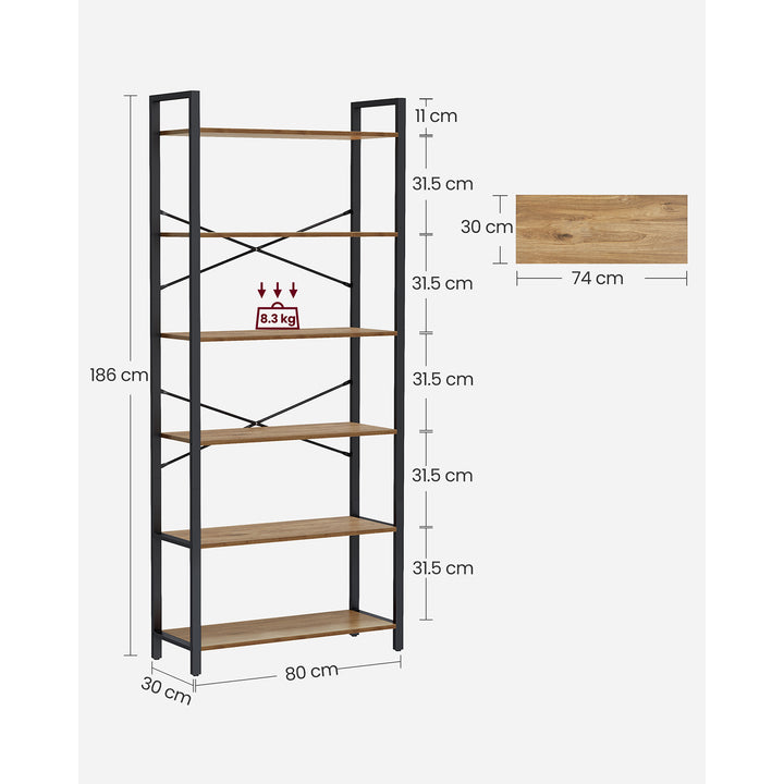 6-Tier Tall Bookshelf Special Walnut and Black 30 x 80 x 186 cm