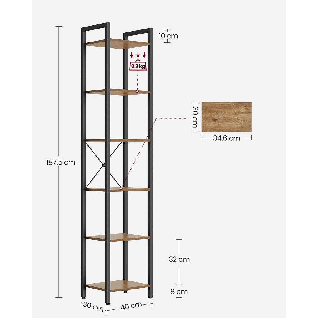 6-Tier Bookshelf Rustic Brown and Black 30 x 40 x 187.5 cm