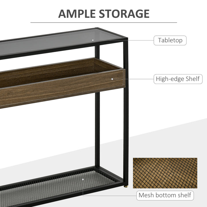 HOMCOM Industrial Style Console Table Sofa Table with Tempered Glass Top and Steel Frame for Living Room Hallway Entrance