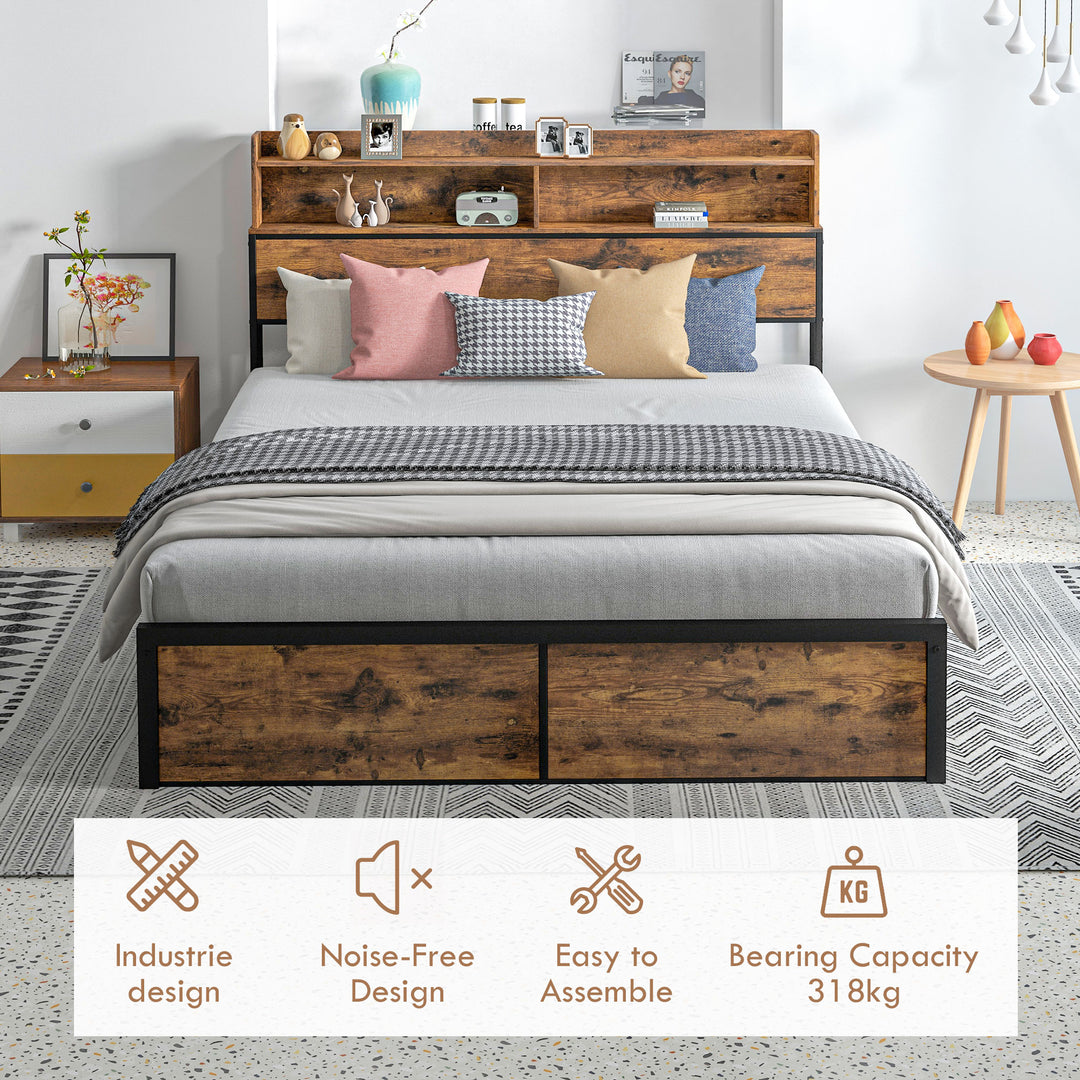 Industrial King Bed Frame, 5.2FT Steel Bed Base with Storage Headboard, Footboard, Slatted Support and Under Bed Storage, 158 x 222cm, Rustic Brown