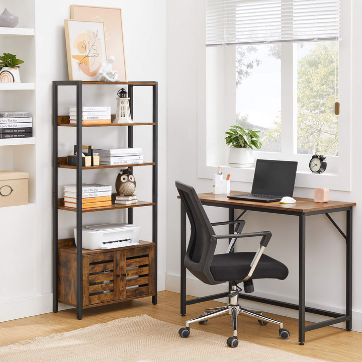 Industrial Brown 4-tier Bookshelf with Cabinet