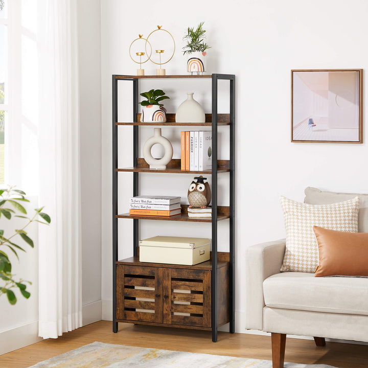 Industrial Brown 4-tier Bookshelf with Cabinet