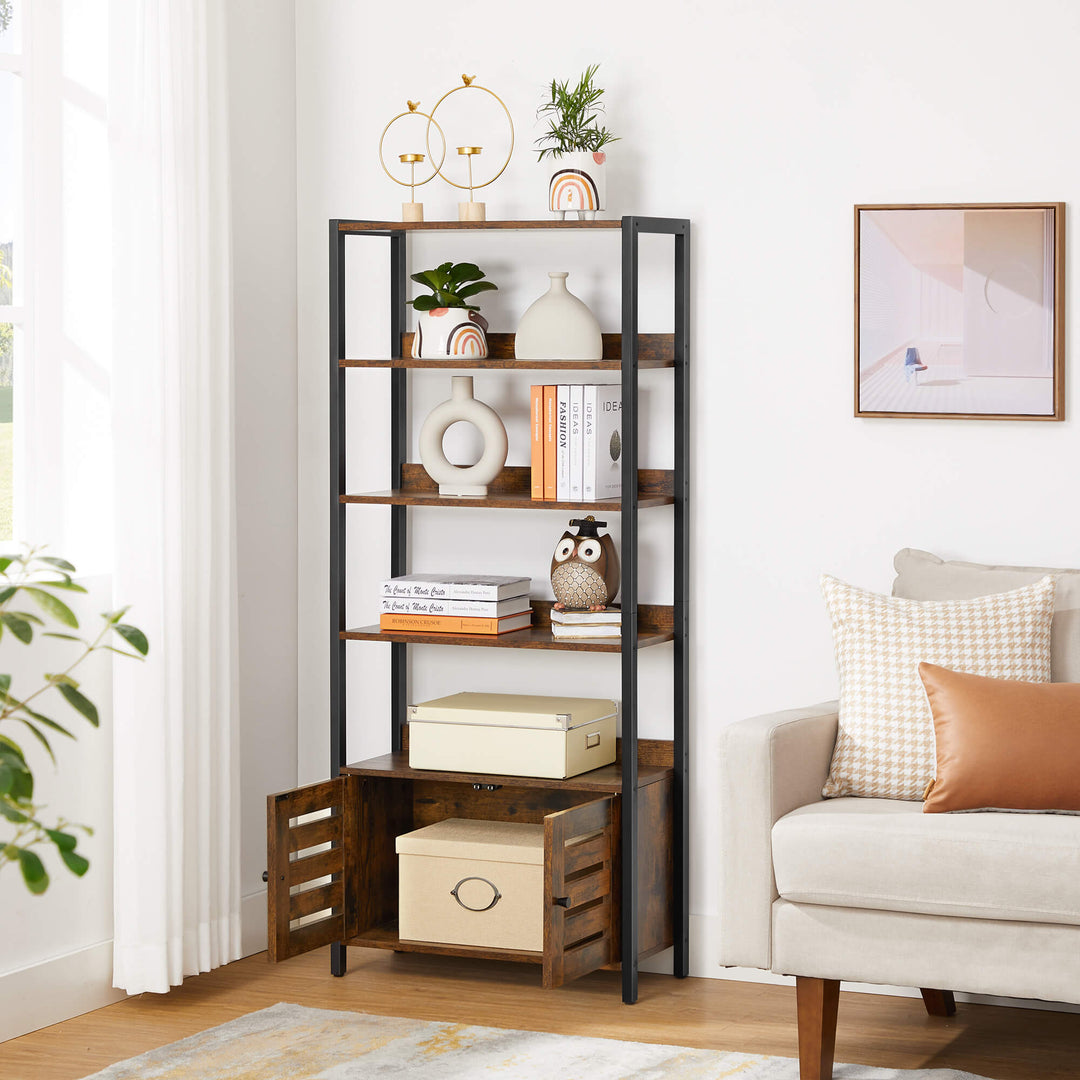 Industrial Brown 4-tier Bookshelf with Cabinet