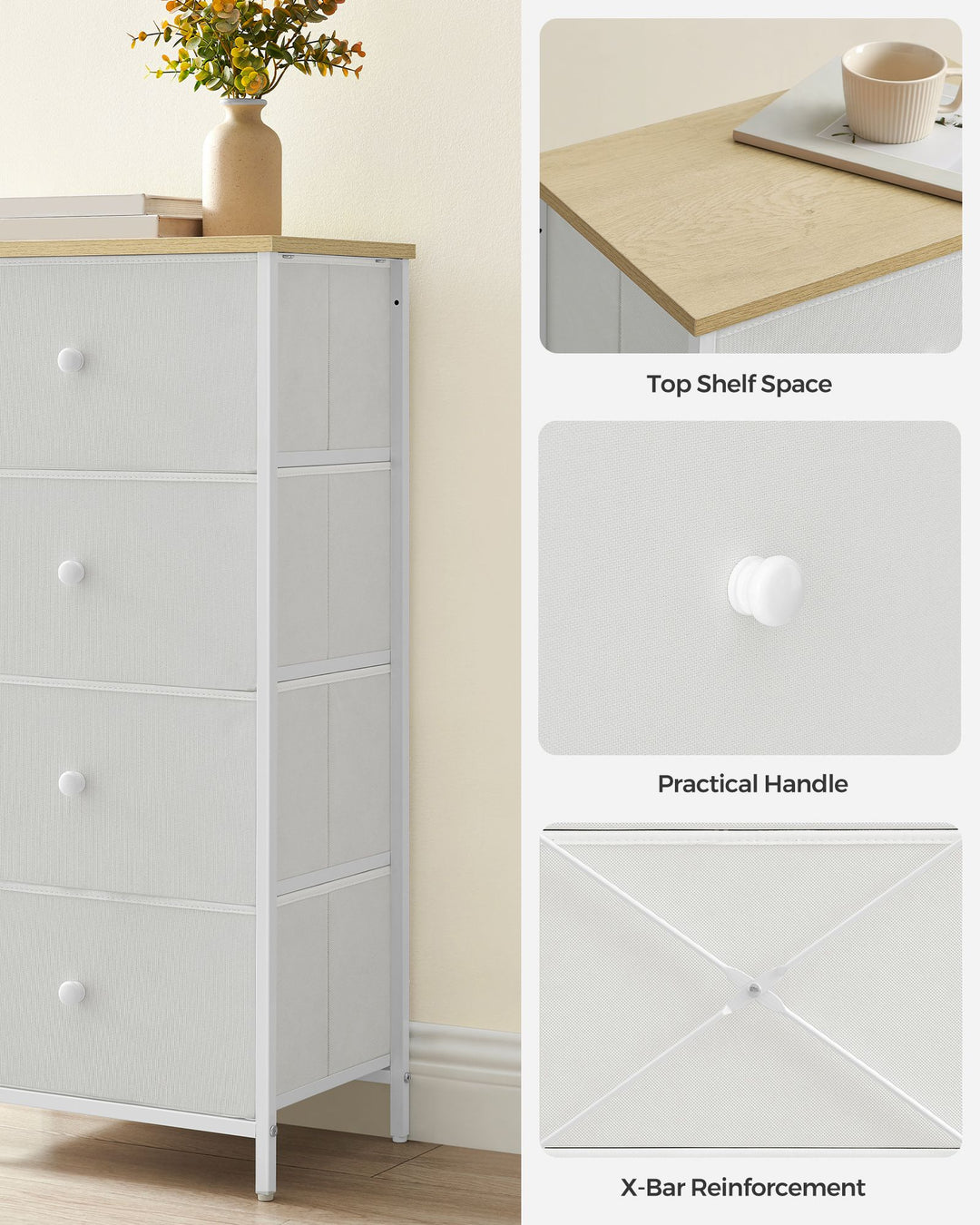4 Fabric Drawers with Metal Frame White and Oak