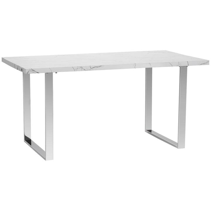 Modern Dining Room Table Rectangular Kitchen Table for 6-8 People with Marble Effect Tabletop Steel Legs 155 cm White