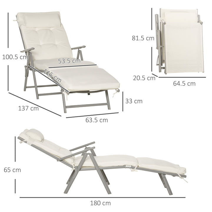 Outsunny Outdoor Patio Sun Lounger Garden Texteline Foldable Reclining Chair Pillow Adjustable Recliner with Cushion - Cream White