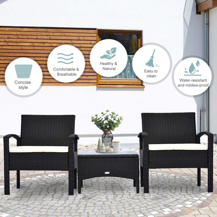 Outsunny Rattan Garden Furniture 2-Seater Sofa Chair Table Bistro Set Wicker Weave Outdoor Patio Conservatory Set Steel-Black