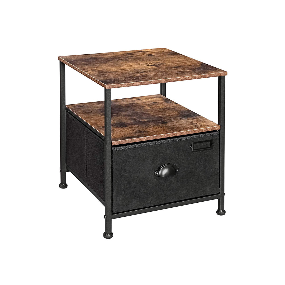 Bedside Table with Fabric Drawer Rustic Brown & Black