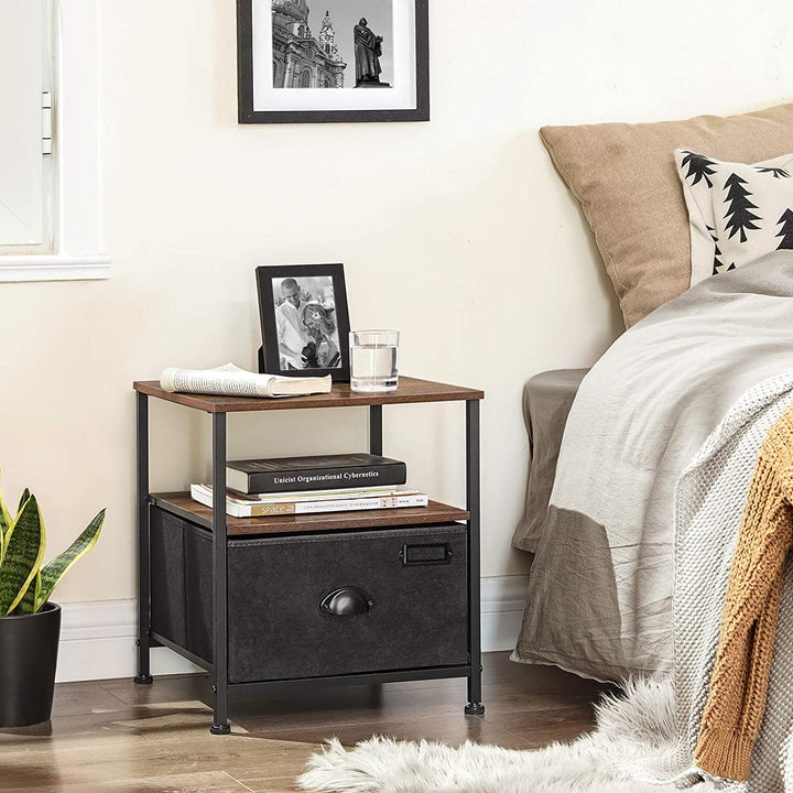 Bedside Table with Fabric Drawer Rustic Brown & Black