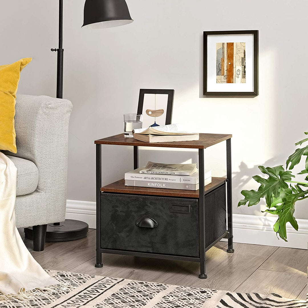 Bedside Table with Fabric Drawer Rustic Brown & Black