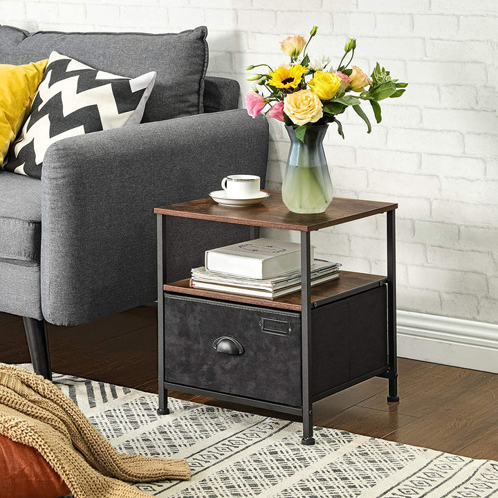 Bedside Table with Fabric Drawer Rustic Brown & Black