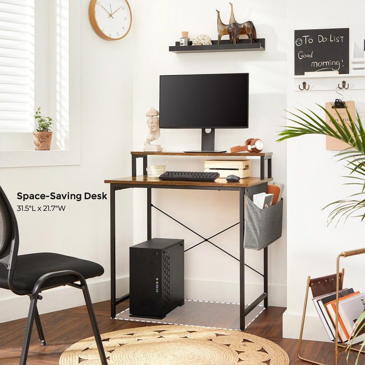 Industrial Brown Small Computer Desk with Monitor Riser