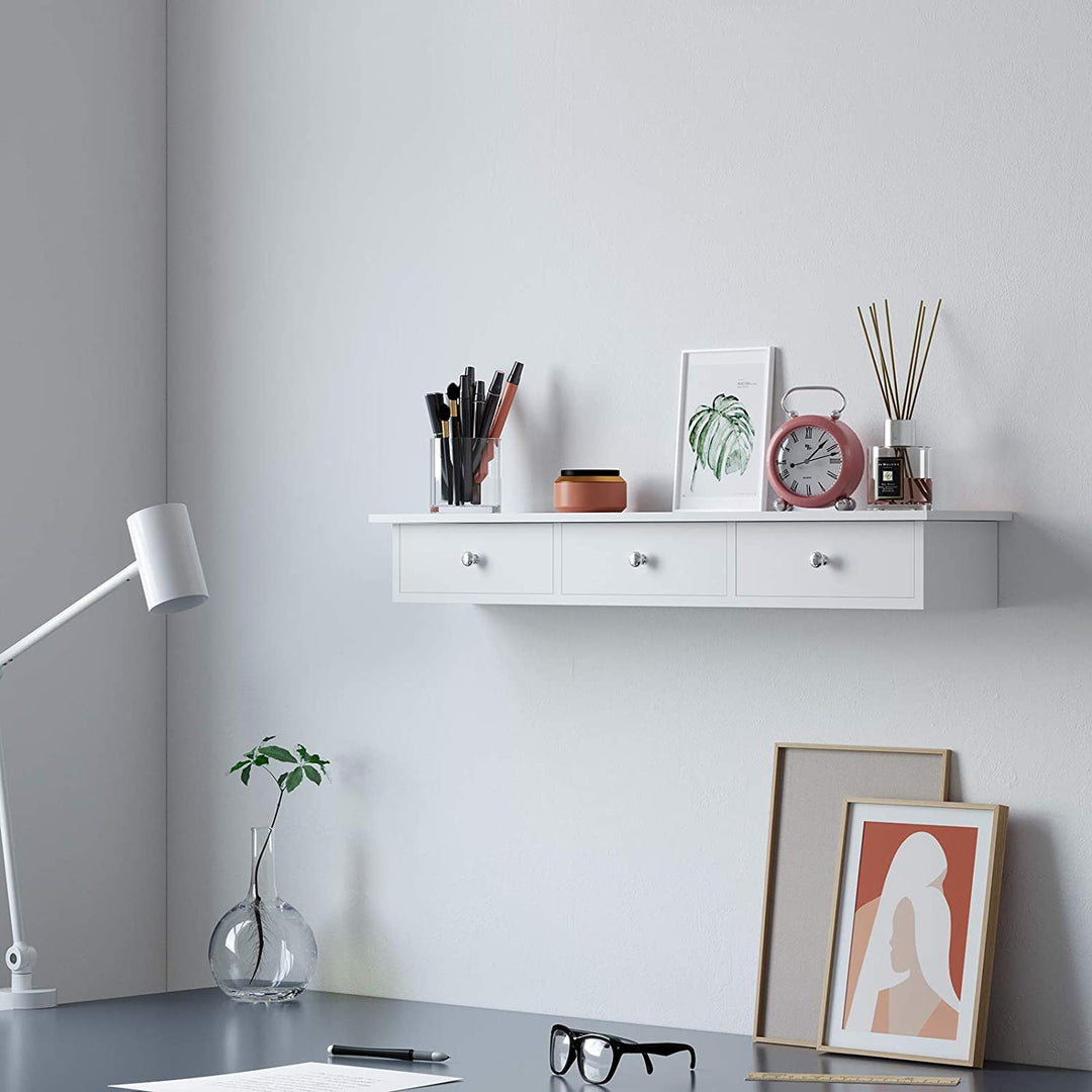 White Wall-Mounted Floating Shelf with Drawers