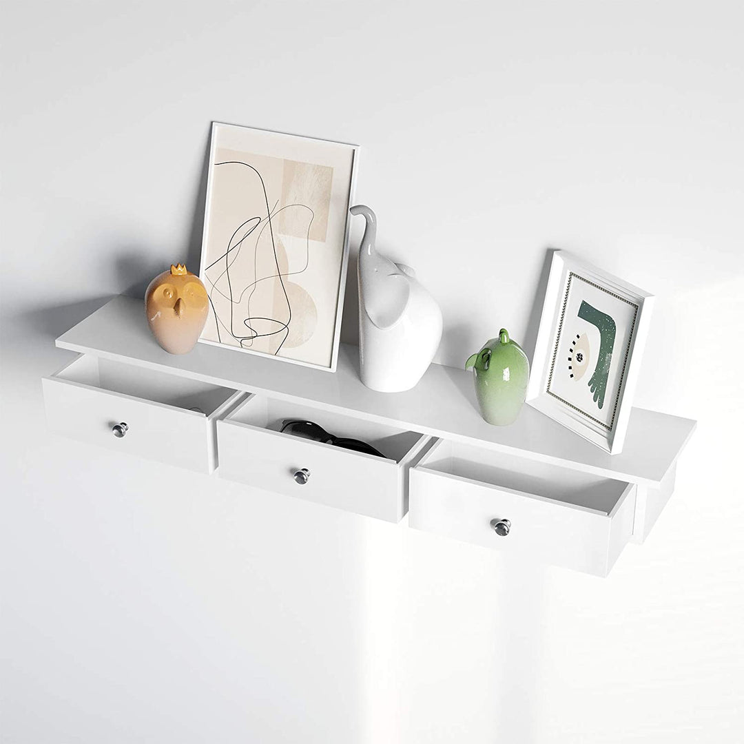 White Wall-Mounted Floating Shelf with Drawers