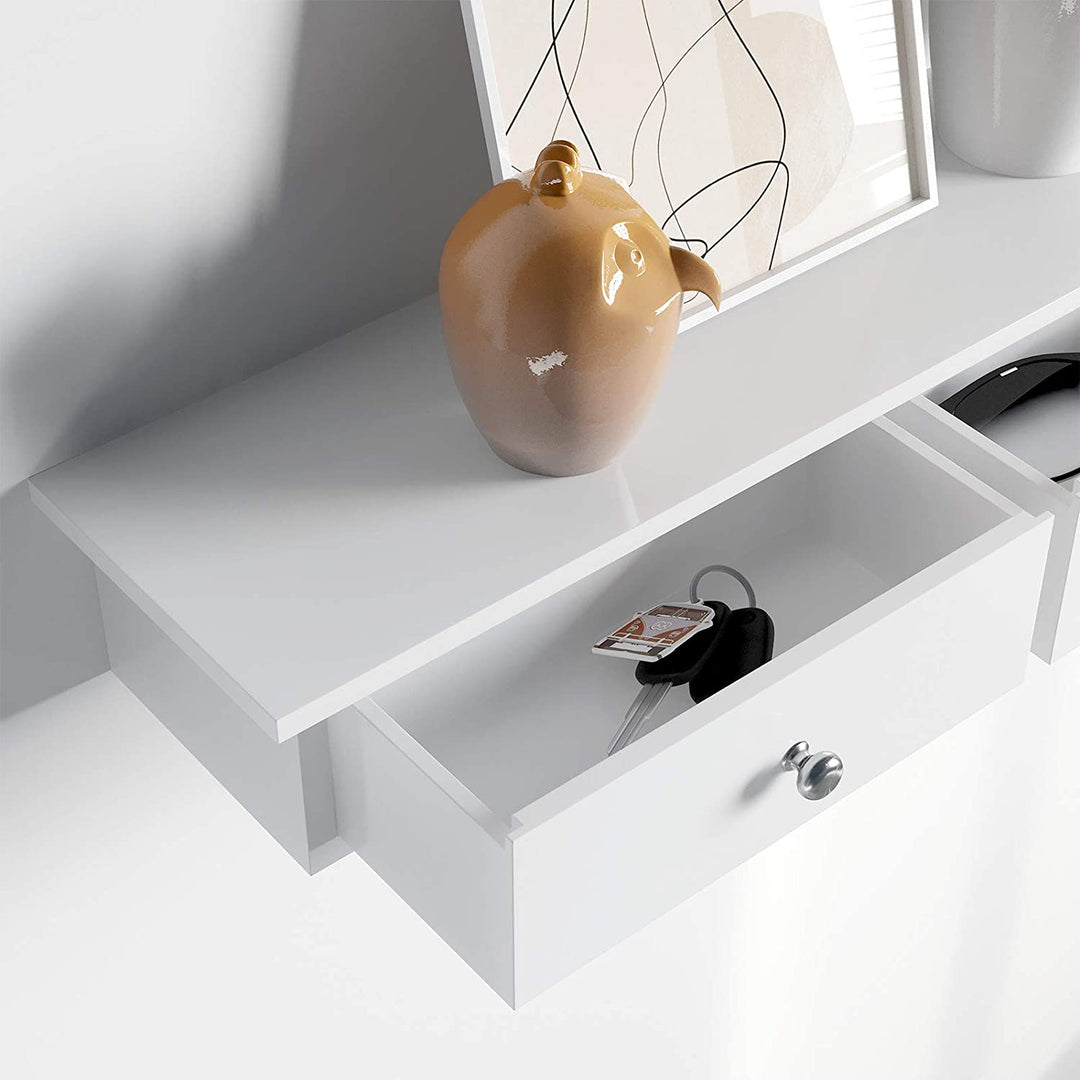 White Wall-Mounted Floating Shelf with Drawers